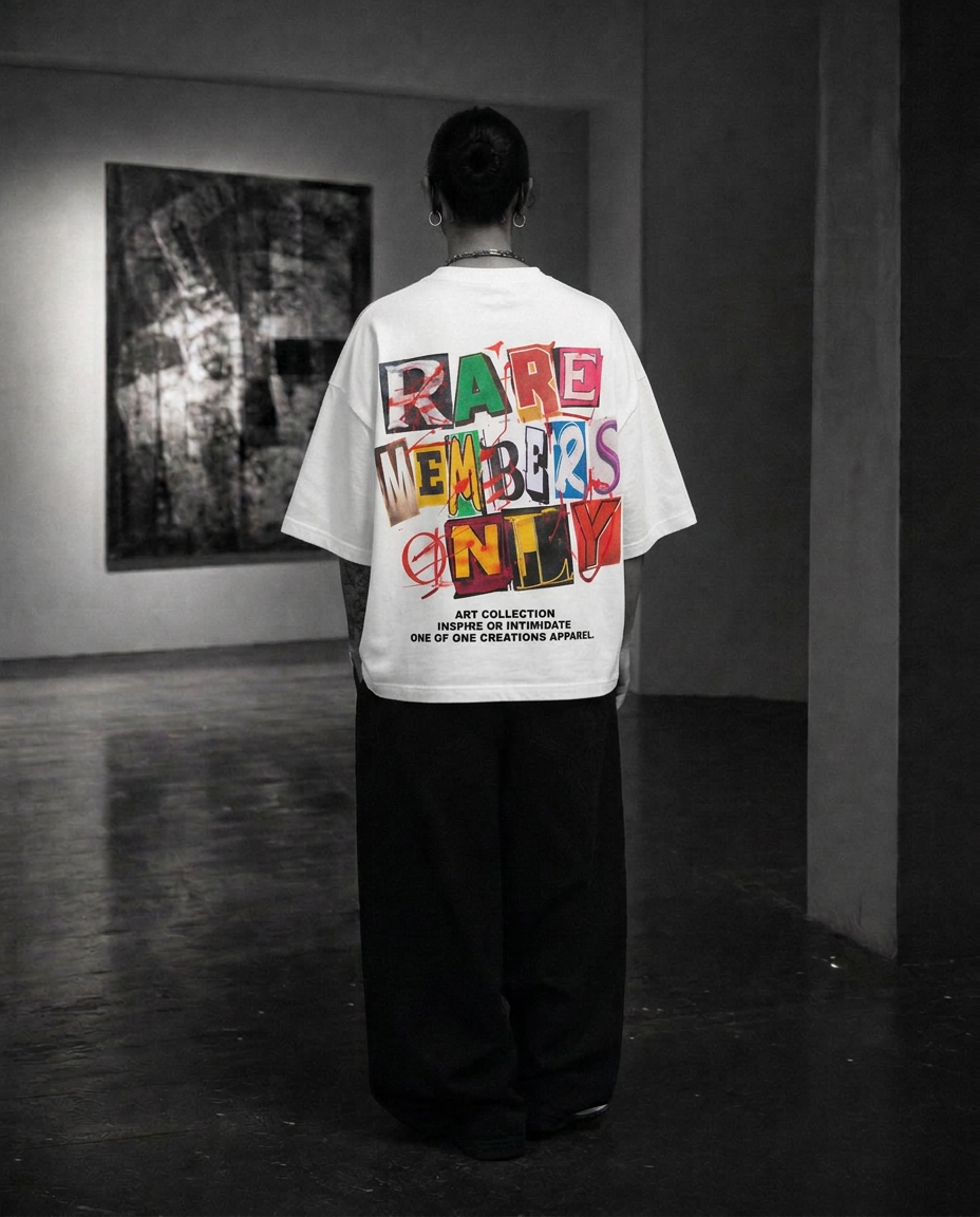 Model from behind in oversized boxy white tee with TIME DA CHANGE UP YH WAYZ back print