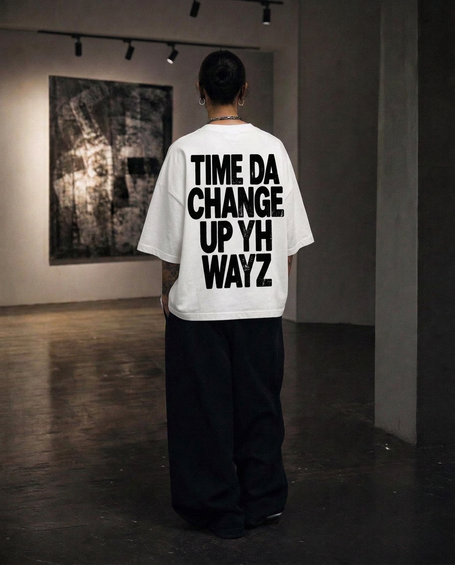 Model from behind in oversized boxy white tee with RARE MEMBERS ONLY collage back graphic